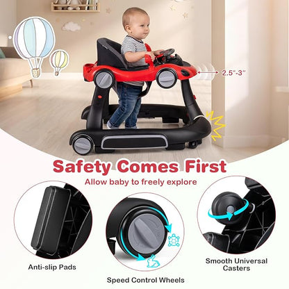 BABY JOY 7-in-1 Baby Walker, Foldable Baby Walker and Bouncer Combo with Handle, Adjustable Height & Speed, Music, Lights, Rocker/Push Mode, Baby Walker with Wheels for Boys Girls 7-18 Months (Red)