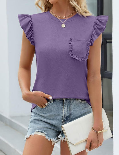 JUSTFASHIONNOW Womens Summer Tops Striped T-Shirts 2026 Ruffle Short Sleeve Crew Neck Casual Blouses with Pocket