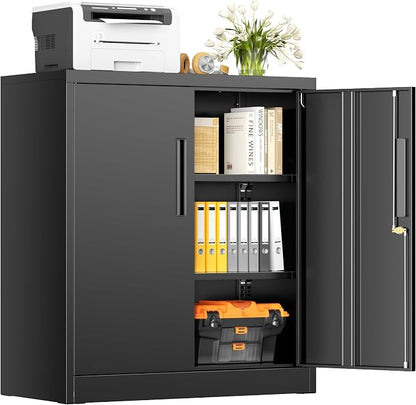 INTERGREAT Steel Storage Cabinet with Lock, Lockable Metal Storage Cabinets with 2 Adjustable Shelves, Black Counter Height Garage Cabinet