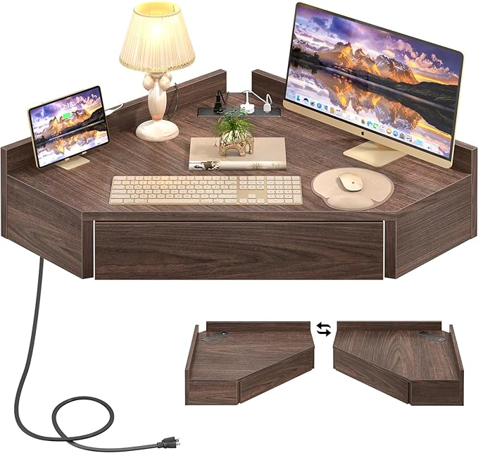 armocity Floating Corner Desk with Outlets & USB Ports, Wall-Mounted Corner Table for Small Space, Triangle Computer Desk with Drawer for Home Office, Vanity Desk, Corner Space, Bedroom, Espresso