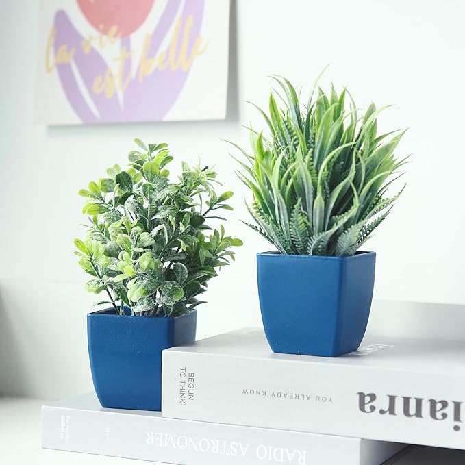 summer flower 2 Pack Fake Plants in Pot Small Artificial Eucalyptus Potted Plant Faux Rosemary in Pot Greenery for Home Decor Indoor Office Shelf Table Desk Bathroom Decoration (Blue-2)