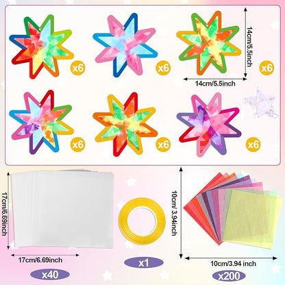 Qyeahkj 36 Set Summer Star Suncatchers Crafts for DIY Star Window Tissue Paper Craft Kit Art Ornament Hanging Decor for Home Activity Art Project Birthday Party Favors Gifts