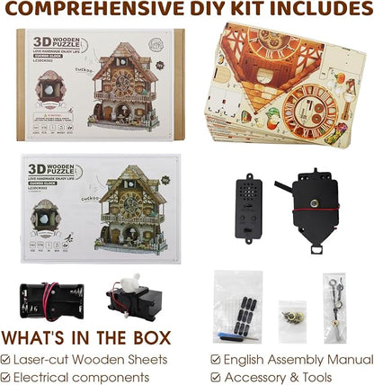 DIY Cuckoo Clock 3D Wooden Puzzle for Adults- German Pastoral Cottage Model Kit with Real Bird Call, 170PCS Miniature Dollhouse Wall Clock Home Decor, Unique Father's Day & Graduation Gifts