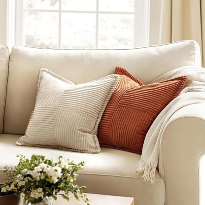MIULEE Fall Dark Rust Decorative Throw Pillow Covers for Couch Bed Livingroom 16x16 Inch Set of 2 Boho Accent Throw Pllows Broadside Striped Patchwork Soft Corduroy Pillowcases, Terracotta