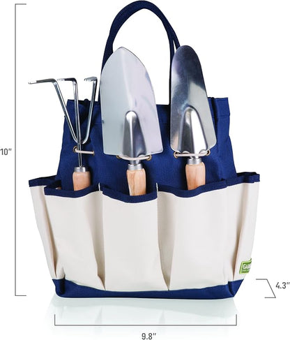 Picnic TIME Disney Mickey Mouse Garden Tote with Tool Set, Durable Garden Tool Organizer Bag with 3 Hand Tools and Exterior Pockets, Giftable Gardening Essential, (Navy Blue with Beige Accents)