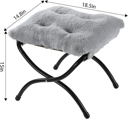 15" Foldable Foot Stool Ottoman with Metal Frame - Washable Faux Fur Grey Upholstered Indoor/Outdoor Footrest for Living Room, Bedroom, Patio - Space-Saving Compact Design