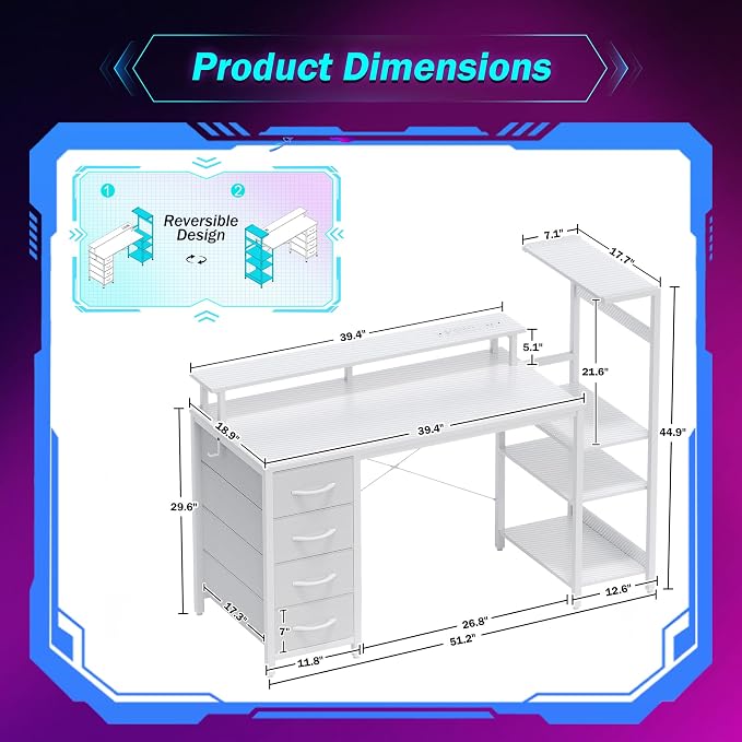 51 Inch Gaming Desk with Drawers & PC Tower Stand & LED Lights, White | Reversible, Monitor Shelf, Power Outlets, Carbon Fiber, Mesa Gamer, Computer Desk with Storage, Gaming Table for Home Office