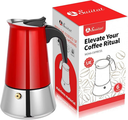 6 Cup Stainless Steel Moka Pot, 300ml Stovetop Espresso Maker, Red | 304 Stainless Steel Mocha Pot, Induction Compatible, Greca de Cafe, Cuban and Italian Coffee Maker