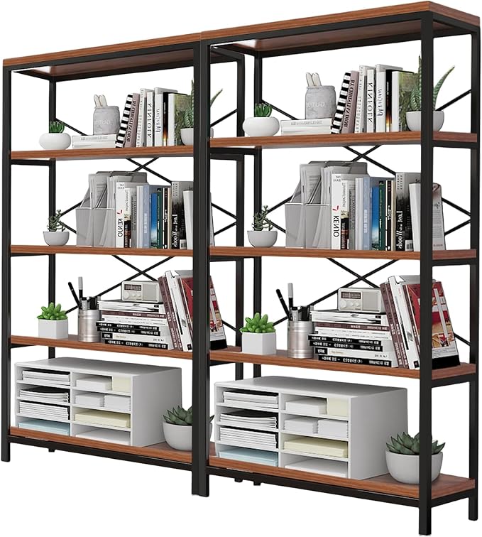 Himimi Industrial Bookshelf 5-Tier Set of 2, Bookcase 58" H Ladder Shelf, Storage Shelves Rack Shelf Unit, Accent Furniture Metal Frame, Home Office Furniture, Vintage Brown（2PCS）