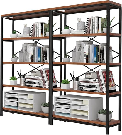 Himimi Industrial Bookshelf 5-Tier Set of 2, Bookcase 58" H Ladder Shelf, Storage Shelves Rack Shelf Unit, Accent Furniture Metal Frame, Home Office Furniture, Vintage Brown（2PCS）