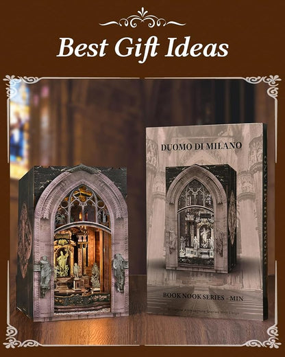 CCCDF DIY Dollhouse Kit, Gothic Architecture Miniature with Dust Cover, Easy Assembly Wooden Craft for Adults Bookshelf Decor (Duomo di Milano)