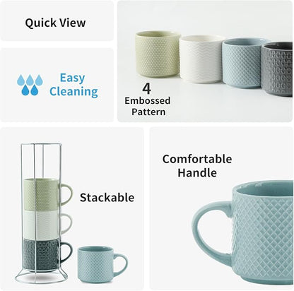 HASENSE Coffee Mugs 12 OZ Ceramic Cups Set of 4, Stackable Embossed Coffee Cups with Rack, Porcelain Coffee Cups for Latte, Cappuccino, Mocha, Cocoa, Americano, Hot Tea and Milk, Multi Color