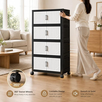 4 Tier Foldable Storage Cabinet with Wheels and Magnetic Doors, Premium PP Material Large Storage Organizer, Space-Saving Utility Storage for Home, Apartments, Dorm, Office, Rv