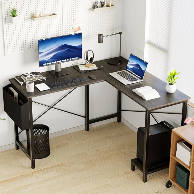 OLIXIS L Shaped Desk, Gaming Desk, Corner Table 50 Inch | Side Bag, Reversible Shelf, Home Work Study Writing, PC Workstation, Easy Assembly, Grey