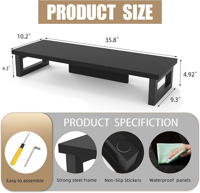 WESTREE Dual Monitor Stand Riser, Wood and Steel Monitor Stand Riser, Computer Monitor Stand for 2 Monitors, Multi-Purpose Desktop Storage Stand for Computer,Laptop,Printer,TV