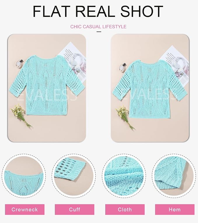 EVALESS Womens Crochet Hollow Out Knit Tops Half Sleeve Spring Summer Sweaters Beach Cover Ups for Women Trendy 2026