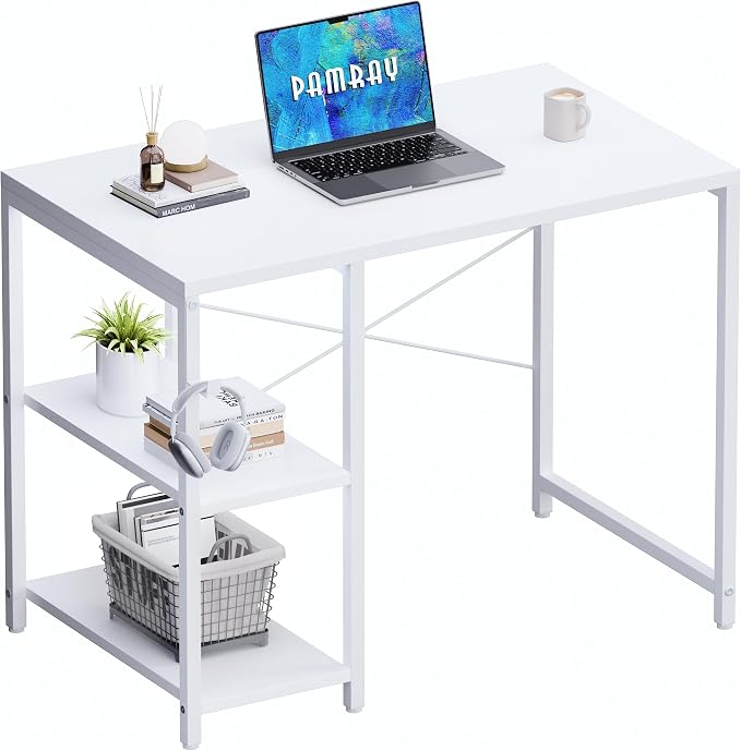 Pamray 32 Inch Small Computer Desk with Shelves for Bedroom Small Spaces | For Home Office, Dorm and Apartment, for Study and Writing, Headphone Hook, Space-Saving, Compact, Easy Setup