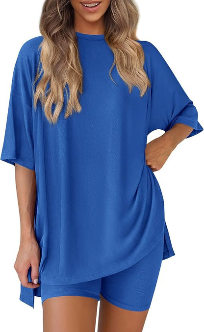 PRETTYGARDEN Women 2 Piece Lounge Set 2026 Summer Casual Oversized Shirts Biker Shorts Matching Airport Travel Outfit Clothes