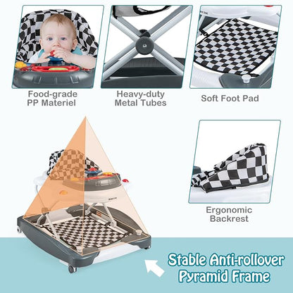 HONEY JOY Baby Walker, 6-in-1 Foldable Baby Walker and Bouncer Combo, Infant Activity Walker with Wheels, Adjustable Heights, Rocker, Music, Lights, Walker for Baby Boy Girl 7-14 Months (Gray)