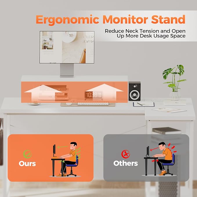 Mericonia 55 in L Shaped Gaming Desk, Large Corner Desk with Monitor Stand | Reversible Computer Desk with Power Outlets, LED Light & Storage Shelves, Office Table for Home Bedroom Study Work Writing