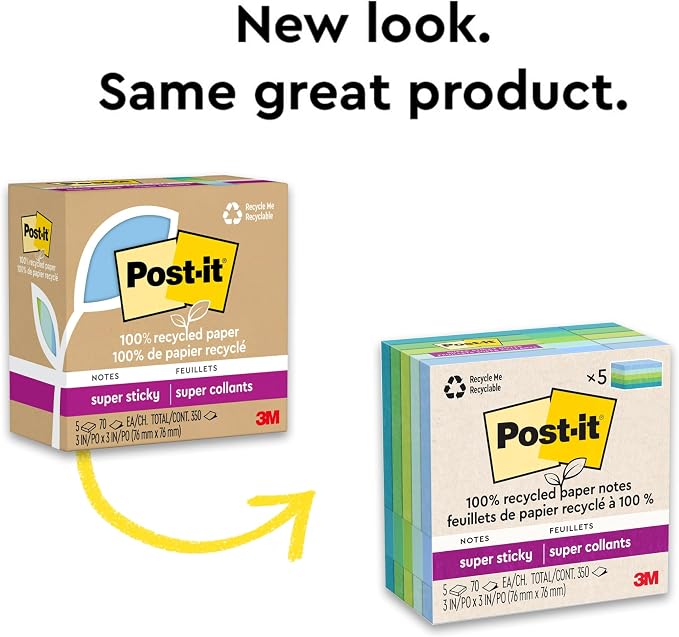 Post-it 100% Recycled Super Sticky Notes, 3 x 3 in, Pastels, 12 Pads | School Supplies and Office Products, 2X the Sticking Power