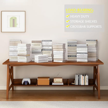NELYE Extra Long Writing Desk with Bookshelf, 71" Wx20 Dx30 H, Walnut | Wooden Home Office Work Study Table, Computer Gaming Workstation with Storage Shelf, Sturdy MDF Resists Wobble