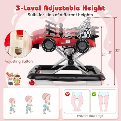 BABY JOY 4-in-1 Baby Walker, Foldable Activity Walker with Push Mode, Adjustable Height, Lights, Anti-Rollover, Baby Walker with Wheels for Boys Girls 6-18 Months (Red)