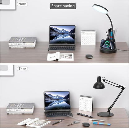 comzler LED Desk Lamp with Wireless Charger Pen Phone Holder, Black Desk Lamp for Home Office, Dimmable Desk Light 3 Color Modes, College Dorm Study Lamp for College Dorm, CRI 90 800 Lumen