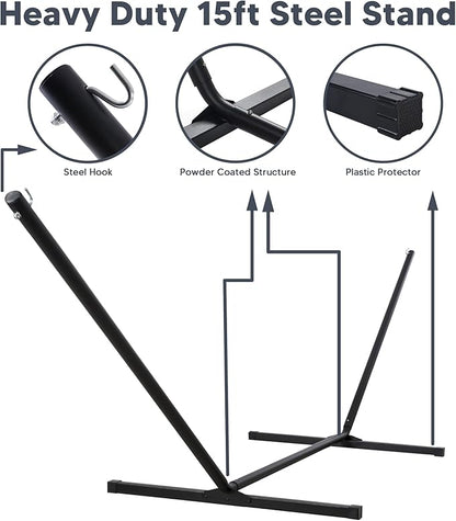 SUNCREAT Hammocks for Outside with 15 ft Stand, Stand Alone Hammock, 475 lbs Capacity, Dark Gray