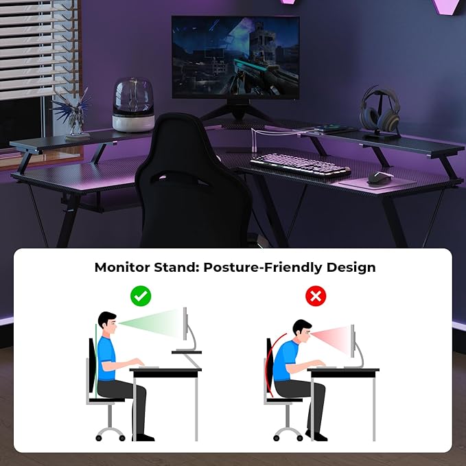 L Shaped Gaming Desk with LED Lights and Power Outlet, Computer Desk with Monitor Stand, Untimate Corner Desk with Hooks and Keyboard Tray, Carbon Fiber, Black