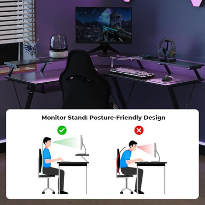 L Shaped Gaming Desk with LED Lights and Power Outlet, Computer Desk with Monitor Stand, Untimate Corner Desk with Hooks and Keyboard Tray, Carbon Fiber, Black