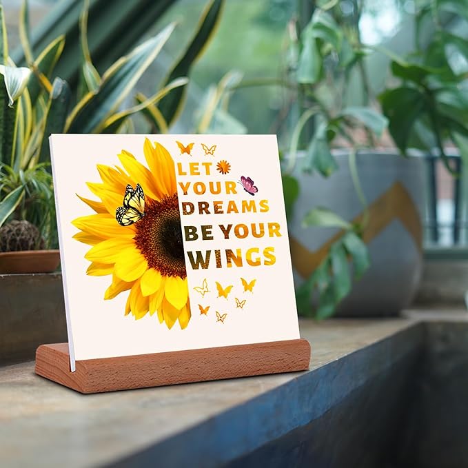 TIKTREE Inspirational Gifts for Women, Let Your Dreams Be Your Wings Positive Sign, Sunflower Motivational Gifts, Cheer Up Gifts for Women, Home Office Desk Decor with Wood Base