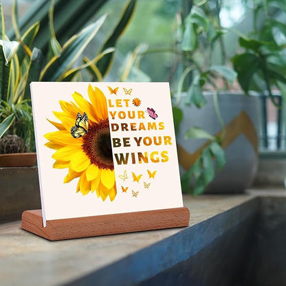 TIKTREE Inspirational Gifts for Women, Let Your Dreams Be Your Wings Positive Sign, Sunflower Motivational Gifts, Cheer Up Gifts for Women, Home Office Desk Decor with Wood Base