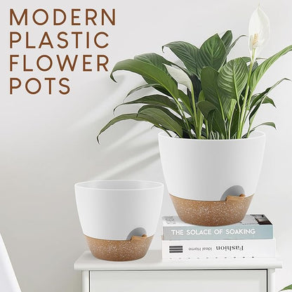 Plant Pots 10/9/8/7.5/7 inch, Self Watering Planters with Drainage Holes & Saucers for Indoor and Outdoor Plants (White)