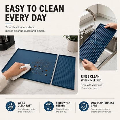 Silicone Coffee Mat 24 x 16 in with Tray, Deep Sea Blue | Coffee bar mat for countertop use, coffee station mat or coffee machine mat with removable tray and 0.47 in raised rim.