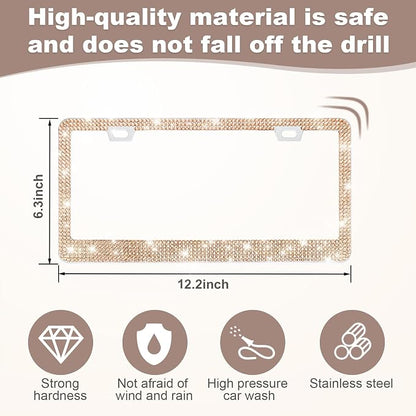 QUANQIUFEI 2 Pack Bling License Plate Frames for Women, Sparkly Rhinestone Diamond Car Accessories with Glitter Crystal Caps (Champagne)