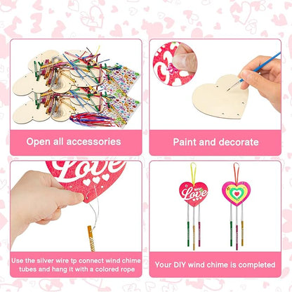 Fennoral 27 Pack Heart Wind Chime Kit for Kids Make You Own Double Side Wind Chimes DIY Colorful Wooden Art and Craft for Kids Mother's Day Party Decoration Mom's Birthday Gift from Kids