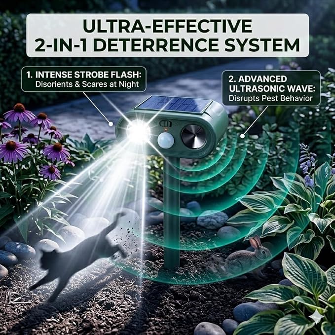2Pack Ultrasonic Deer Repellent for Plants Garden Solar Animal Repellent Outdoor with Motion Sensor & Strobe Light for Rabbit Cat Deterrent Raccoon Squirrel Fortress Pro Keep Pests Out of Yard Farm
