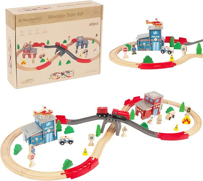Wooden Train Set for Toddler - 60 Pcs- with Wooden Tracks fits Thomas, fits Brio, fits Chuggington, fits Melissa and Doug - Expandable, Changeable-Train Toy for 3 4 5 Years Old Girls & Boys