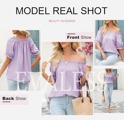 EVALESS Womens Tops Off The Shoulder Blouses for Women Dressy Casual Cute Puff Sleeve T Shirts Fashion 2026