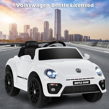 Costzon Ride on Car, 12V Licensed Volkswagen Beetle Battery Powered Vehicle w/Remote Control, Spring Suspension, Lights, USB, Horn, Music, 4 Wheeler for Boy Girl Gift, Electric Car for Kids, White