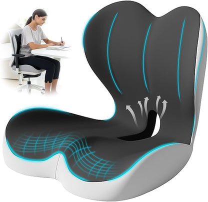 Seat Cushion for Office Chair and Car, Lumbar Support Pillow for Office Chair, Memory Foam Ergonomic Seat Cushion for Long Sitting, Back & Tailbone Pain, Sciatica - Dark Gray & Light Gray