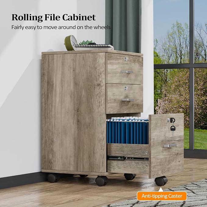 VINGLI 3-Drawer File Cabinet with Lock, Wood Rolling Under Desk File Cabinets for Home Office, Mobile Printer Stand & Filing Organizer for Letter Sized Files, 26" H(Caster Included), Rustic Gray