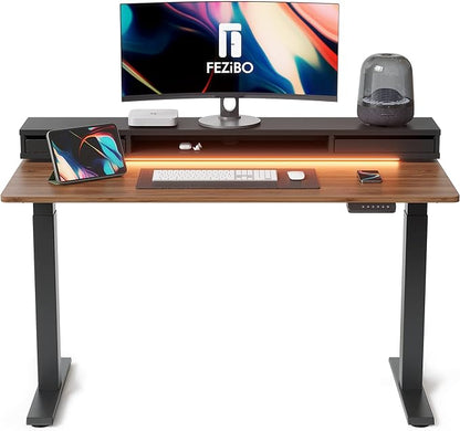 FEZIBO 48 x 24 Inch Height Adjustable Electric Standing Desk with Double Drawers, Stand Up Desk with LED Strips, Sit Stand Desk with Monitor Stand, Blcak Walnut