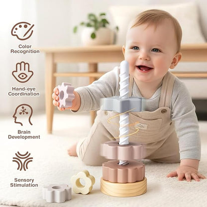 Joyreal Wooden Spinning Stacking Toys, Neutral Ring Stacker Montessori Toys for Toddlers 1-3, Christmas Birthday Gifts for Boys Girls