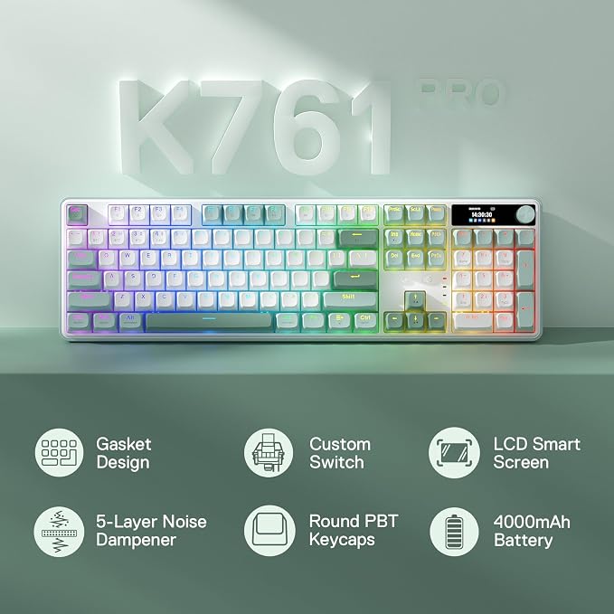 Redragon K761 PRO Wireless 104-Key Gasket Gaming Keyboard, Screen & Knob | Easy-Control LED Info Display, 0-Delay Tri-Mode, Cushioned 5-Layer Noise Dampening for Creamy Thocky Sound, Standard 104 keys