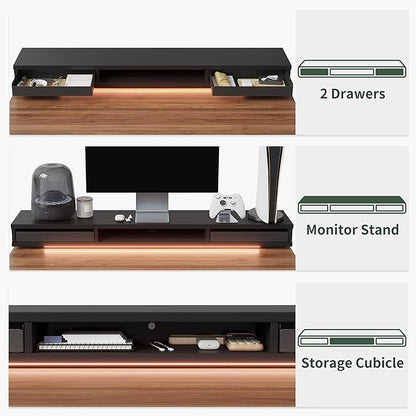 FEZIBO 48 x 24 Inch Height Adjustable Electric Standing Desk with Double Drawers, Stand Up Desk with LED Strips, Sit Stand Desk with Monitor Stand, Blcak Walnut