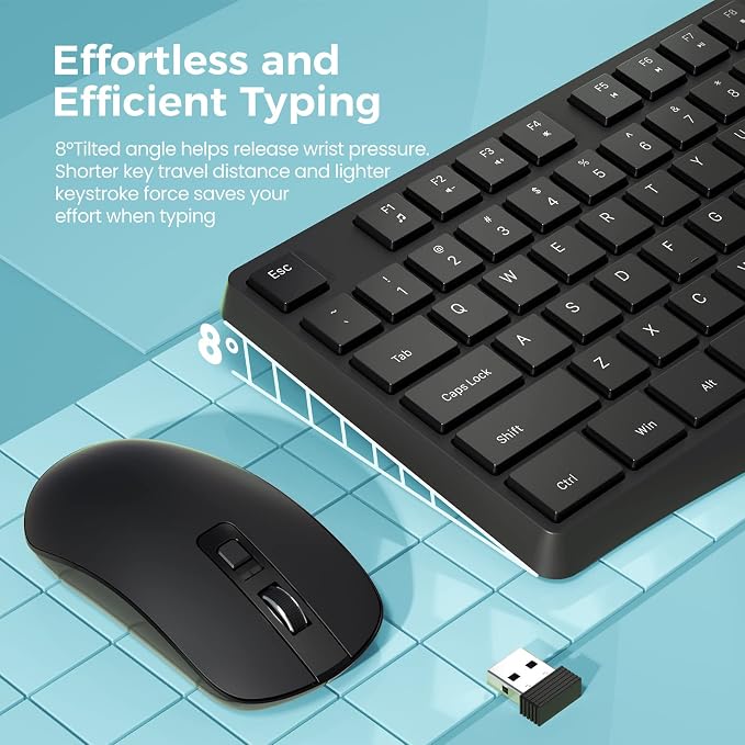 Wireless Keyboard and Mouse Combo, Lovaky 2.4G Full-Sized Ergonomic Keyboard, 3 DPI Adjustable Cordless USB Mouse, Quiet Click for Computer/Laptop/Windows/Mac (2 Pack, Black)