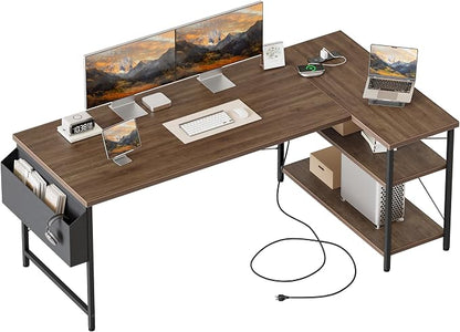 Mericonia 55 inch L Shaped Gaming Desk, Large Corner Desk with Shelves | Reversible Computer Desk with Power Outlets & Storage Bag, Office Table for Home Bedroom Study Work Writing