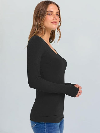 ANRABESS Long Sleeve V Neck Shirts for Women | Soft Comfy Ribbed Knit Fitted Tshirts, Casual Going Out Tops, 2026 Trendy Basic, Fall Winter Underscrub Layering Clothes